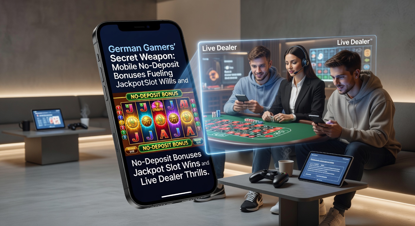 Live-Dealer-Roulette-Tisch auf Smartphone-Bildschirm, mit No-Deposit-Bonus-Banner und jubelndem deutschen Spieler-Symbol